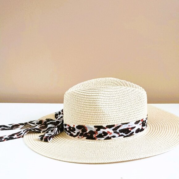 Vince Camuto Paper Straw Hat Cream with Leopard Tie Band Floppy Sun Hat - Picture 6 of 9